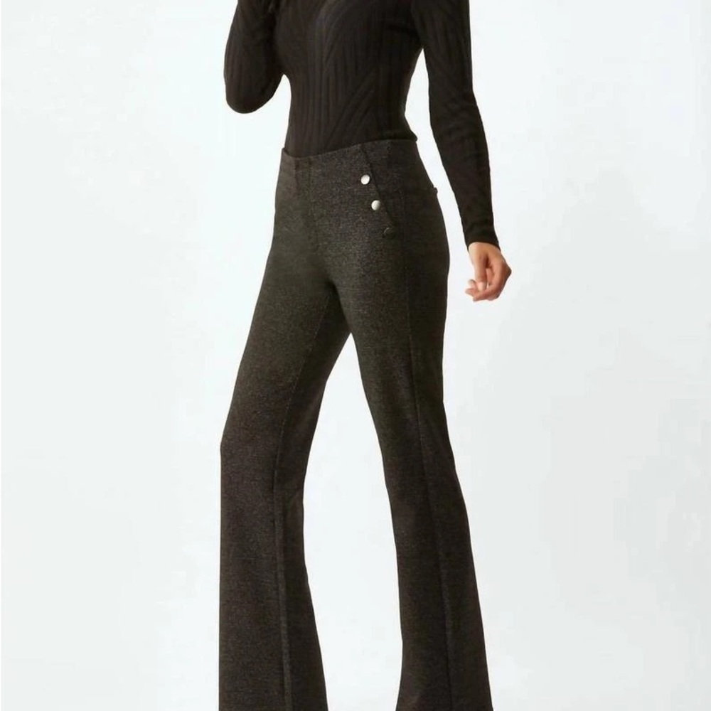 ECRU Mid-Waist Flared Knit Pants in Herringbone